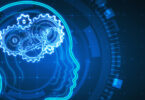 Abstract blue digital head profile with cogwheels. Artificial intelligence background. 3D Rendering.