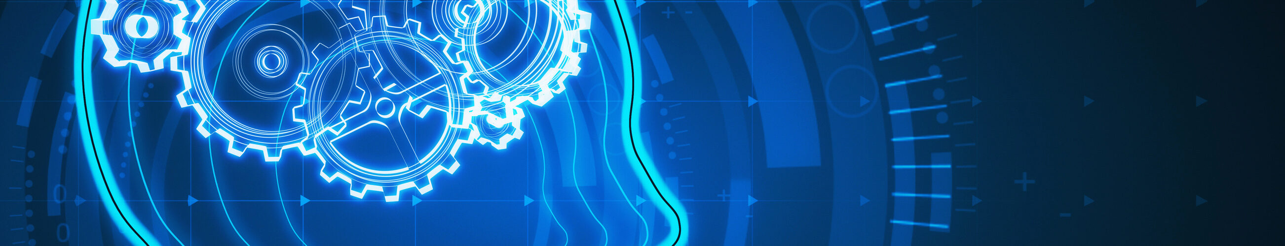 Abstract blue digital head profile with cogwheels. Artificial intelligence background. 3D Rendering.