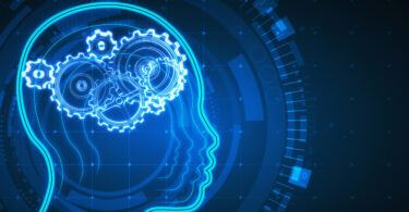 Abstract blue digital head profile with cogwheels. Artificial intelligence background. 3D Rendering.