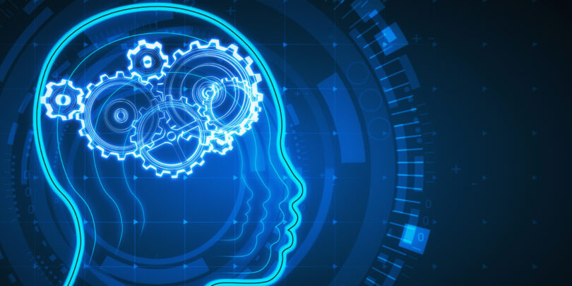 Abstract blue digital head profile with cogwheels. Artificial intelligence background. 3D Rendering.