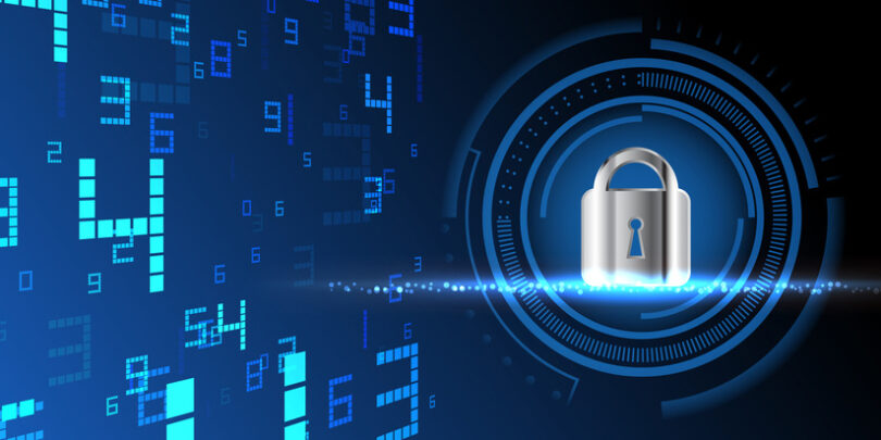 Abstract technology on dark background, digital security concept.