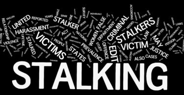 Wortwolke zum Thema Stalking in weißer Schrift auf schwarzem Grund.