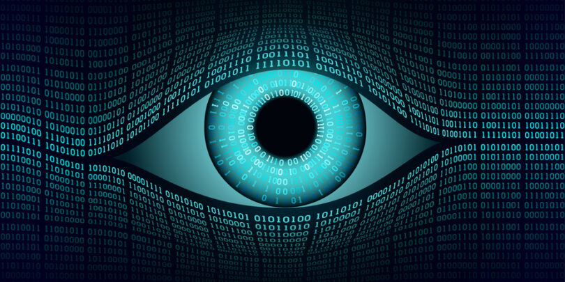 Auge, das aus einer digitalen Zahlenmatrix herausblickt.