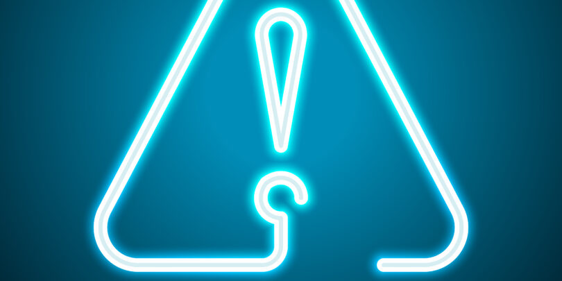 Exclamation mark in warning triangle. Linear symbol with thin outline. Bright electric symbol.