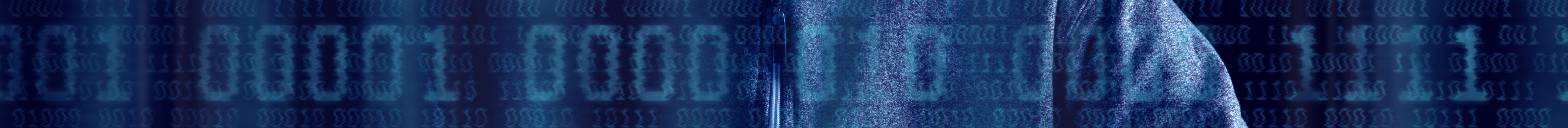 Person mit Kapuze, deren Gesicht dadurch nicht zu erkennen ist, die an einer Tastatur sitzt. Im Vordergrund des Bildes befindet sich eine blaue Zahlenmatrix. Der Hintergrund ist schwarz gehalten.