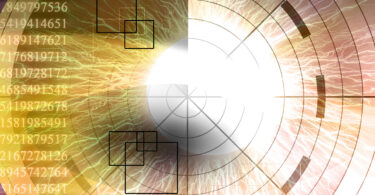 Eye being scanned on a dark purple background.