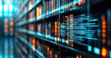 Abstrakte digitale Bibliothek mit leuchtenden Datenströmen auf Regalen.