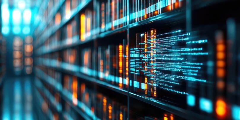 Abstrakte digitale Bibliothek mit leuchtenden Datenströmen auf Regalen.