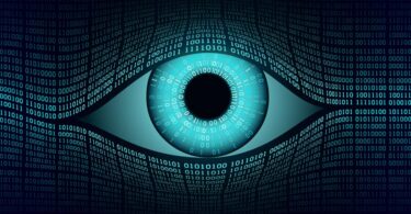 Zahlenmatrix aus Nullen und Einsen, aus deren Mitte ein Auge hervorblickt.