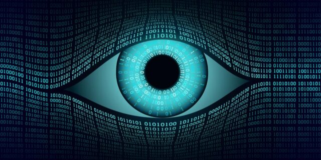 Zahlenmatrix aus Nullen und Einsen, aus deren Mitte ein Auge hervorblickt.