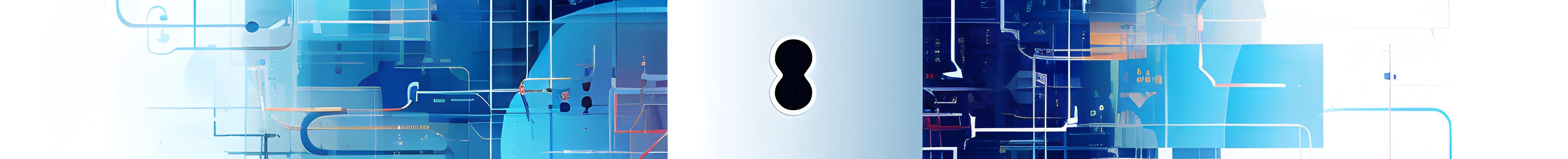 Ein digitales, futuristisches Design mit einem weißen Vorhängeschloss in der Mitte, umgeben von abstrakten, geometrischen Formen und leuchtenden Linien in Blau- und Orangetönen, die Technologie und Sicherheit symbolisieren.