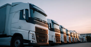 Reihe von weißen Lastkraftwagen (Lkw) auf einem Parkplatz bei Sonnenuntergang. Die Lkw sind aus verschiedenen Blickwinkeln aufgenommen, wobei die vorderen Fahrzeuge scharf und die hinteren unscharf sind.