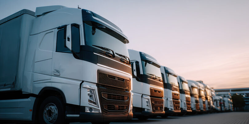 Reihe von weißen Lastkraftwagen (Lkw) auf einem Parkplatz bei Sonnenuntergang. Die Lkw sind aus verschiedenen Blickwinkeln aufgenommen, wobei die vorderen Fahrzeuge scharf und die hinteren unscharf sind.