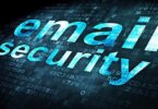 Schriftzug "e-mail security" in blau-weiß vor einem dunklen Cyber-Hintegrund.