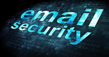 Schriftzug "e-mail security" in blau-weiß vor einem dunklen Cyber-Hintegrund.