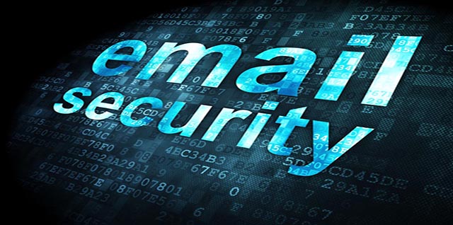 Schriftzug "e-mail security" in blau-weiß vor einem dunklen Cyber-Hintegrund.
